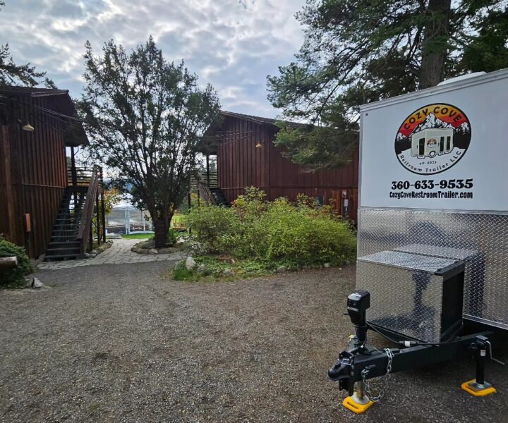 Cozy Cove Restroom Trailer Rentals 2-door The Modern Restroom portable bathrooms for wedding at Captain Whidbey Inn
