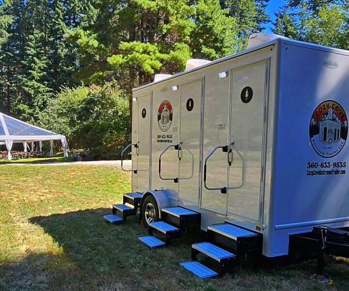 Cozy Cove Restroom Trailer Rental 4-door luxury restroom rentals for events near me. Featuring The Four Seasons Restroom Trailer 4-stations