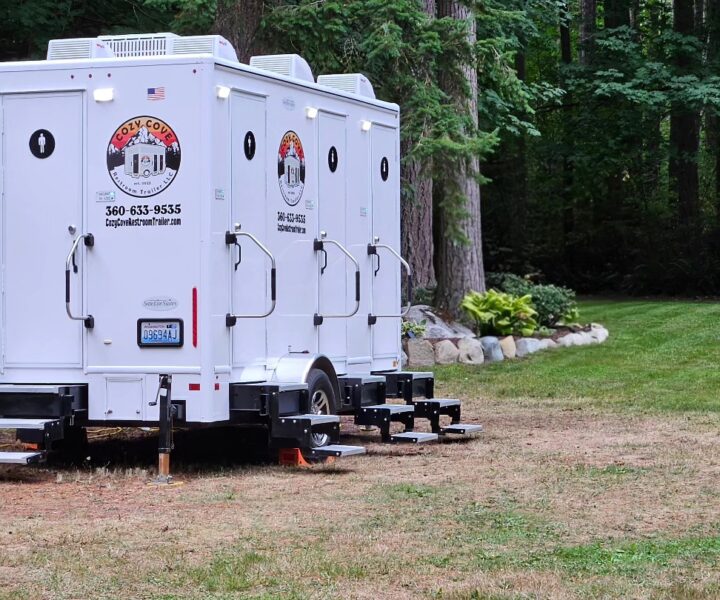 Cozy Cove Restroom Trailer Rental Luxury restroom rentals for events near me. Featuring The Four Seasons Restroom Trailer 4-stations