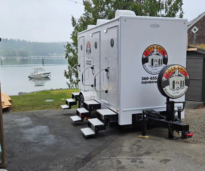 Cozy Cove Restroom Trailer Rental outdoor bathroom rental near me. Featuring The Four Seasons Restroom Trailer 4-stations